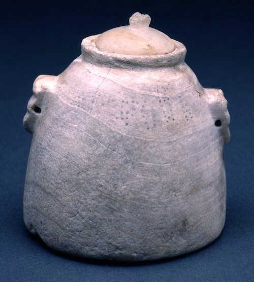 Alabaster Beehive Jar with Stylized Bull Handles and Lid 2-3rd Century, Himyaritic inscription in characters formed by points. British Museum, London