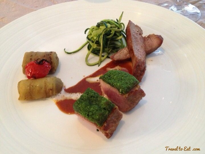 Roasted Saddle of Lamb in a Herb Crust, Filet with Lamb Juice and Garlic Cream. Le Bon Laboureur Hôtel, Chenanceaux, France
