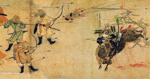 A Mongol bomb thrown against a charging Japanese samurai during the Mongol invasions of Japan after founding the Yuan Dynasty, 1281. Wikipedia