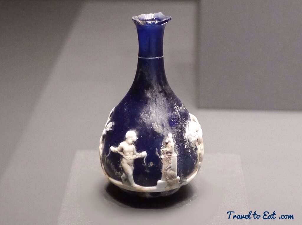 Rare Roman Cameo Glass Perfume Flask with Egyptian Motifs, 25 BC- 25 CE, #305. Getty Villa, Pacific Palisades, California