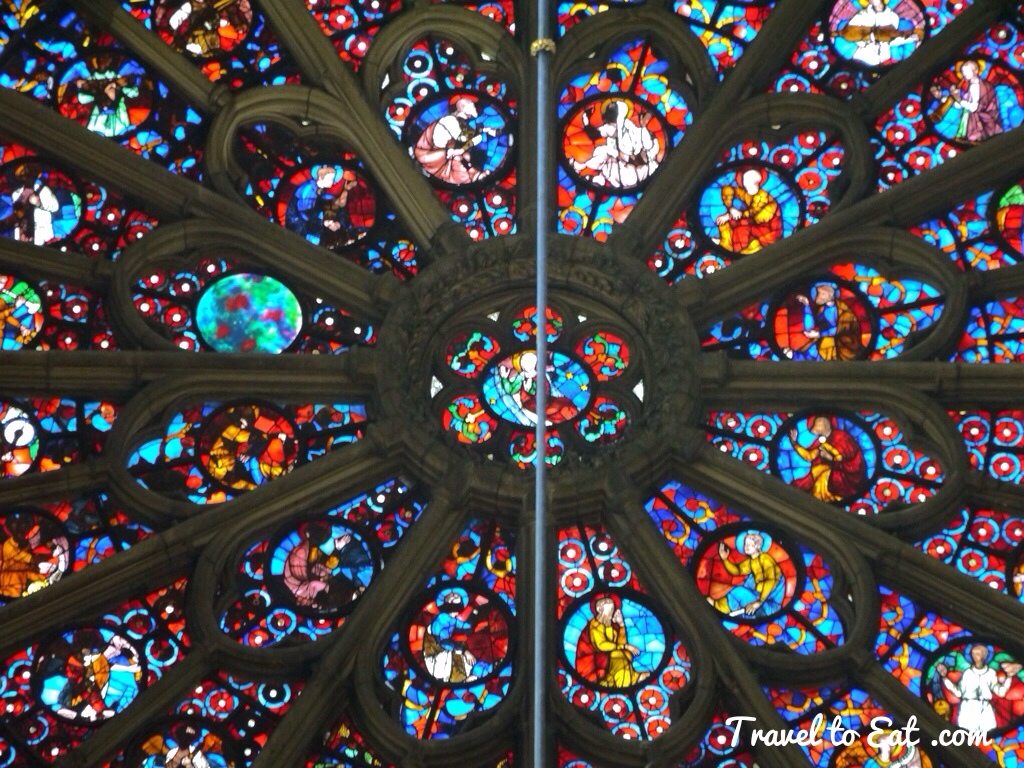 Detail of Center of La Grande Rose Showing Mary Surrounded by the 12 Apostles. Notre-Dame de Reims, The Interior. Reims, France
