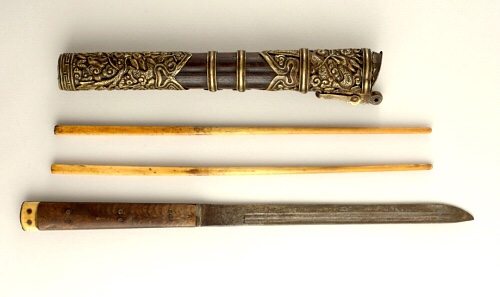 Brass Trousse Set or Eating Set (probably Mongolian) with Ivory Chopsticks, 19th century. Smithsonian, Washington DC (1995-173-3-a/e)