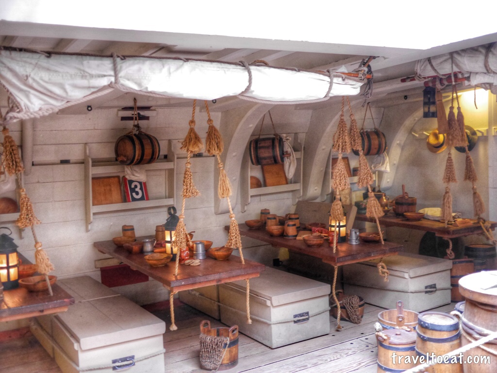 Eating Area with Frayed Ropes for Wiping Hands. HM Bark Endeavour. Australian National Maritime Museum, Sydney
