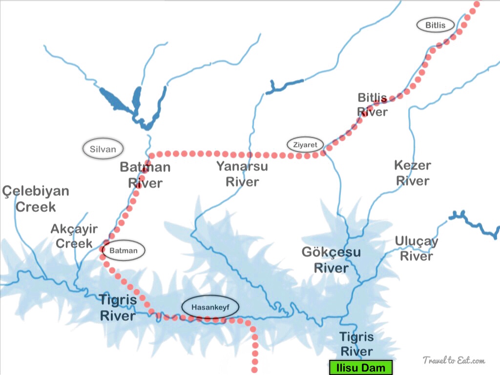 Map of the Headwaters of the Tigris River In and Around Batman Province in Turkey with Flooding Predicted by Ilisu Dam and My Route Noted by the Dotted Red Line