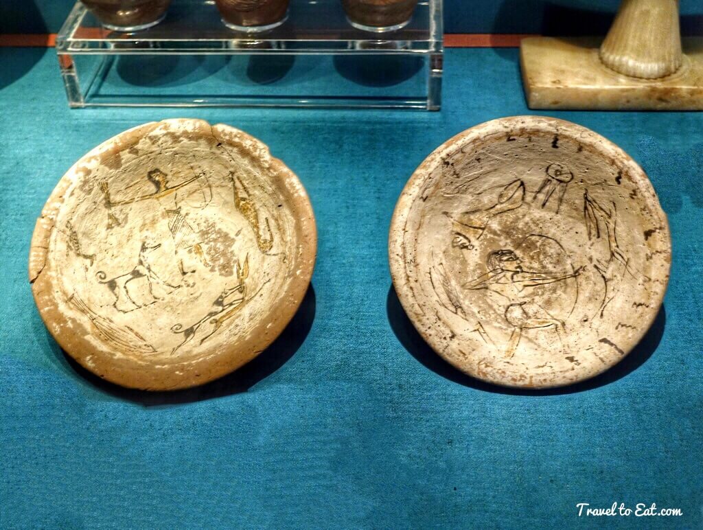 White Painted Bowls Showing Hunting Scenes with Animals Found in Qubbet el-Hawa 6th Dynasty (2345-2181 BC). Nubian Museum, Aswan, Egypt