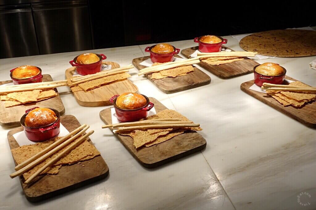 Board of Rosemary Focaccia Bread in Le Creuset Red Petite Cocotts, Flatbread and Grissini. Giada Restaurant, Las Vegas