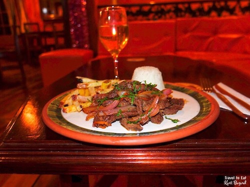 Braised Beef, Rice and French Fries. Pakaritampu Hotel Ollantaytambo Peru