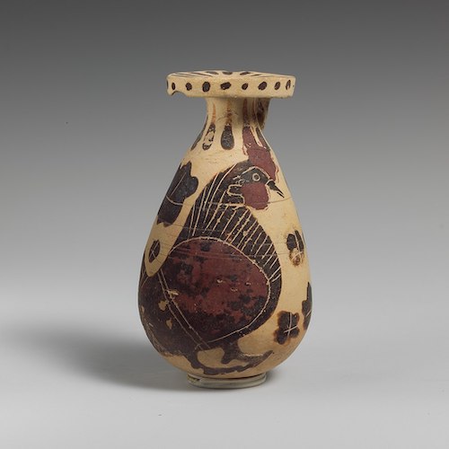 A Greek (Corinthian) perfume vase ornamented with a rooster (ca. 620–590 BCE) Metropolitan Museum