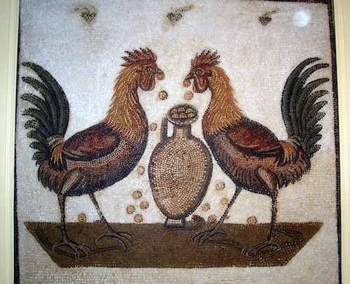 Two Cocks Dropping Gold Coins (from Domus Nympharum). 165 CE Museum of Nabeul, Tunisia 