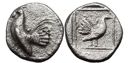 Himera in Sicily. 510 B.C. Cock and Hen on Archaic Ancient Greek Silver Drachma