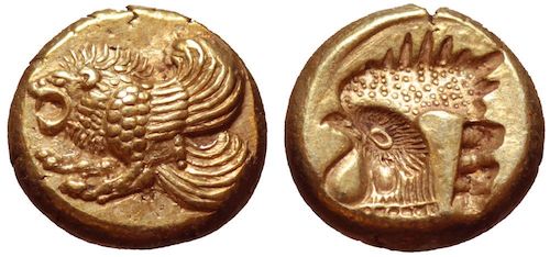 Mytilene (Lesbos) Hekte (1/6 Stater) 521-478 BCE with Winged lion and Rooster Head