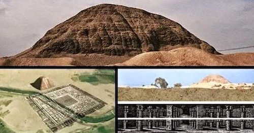 Labyrinth of Hawara: Pyramid of Amenemhat III(top) Appearance from Above (left) Cross Section (right)