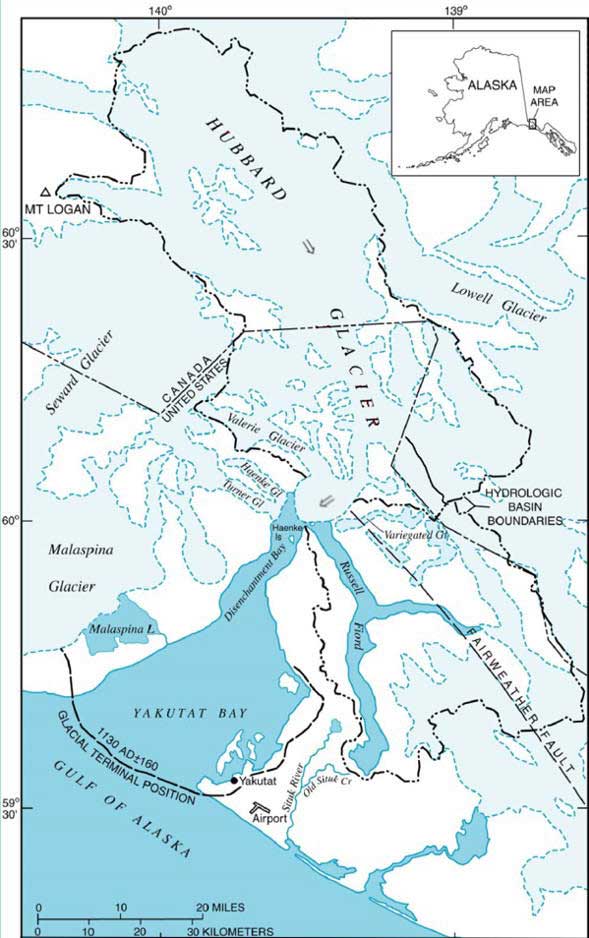 Hubbard Glacier straddles the US - Canada border. The glacier’s terminus is in Southeast Alaska, near the confluence of Disenchantment Bay and Russell Fiord.