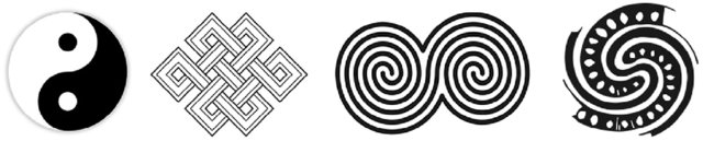 Cultural Articulations of Eternal Relationships (left to right) Yin and Yang, Buddhist Endless Knot, Celtic Double Spiral and Māori Takarangi.