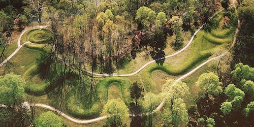 Aerial View of the Prehistoric Great Serpent Mound in Ohio Showing Spirals