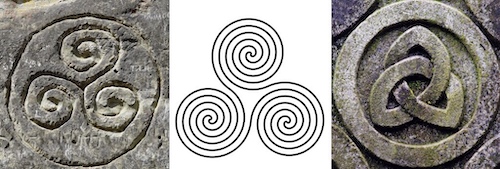 Three Spirals of the Triskelion or Triskele and the Celtic Knot or Celtic Triquetra