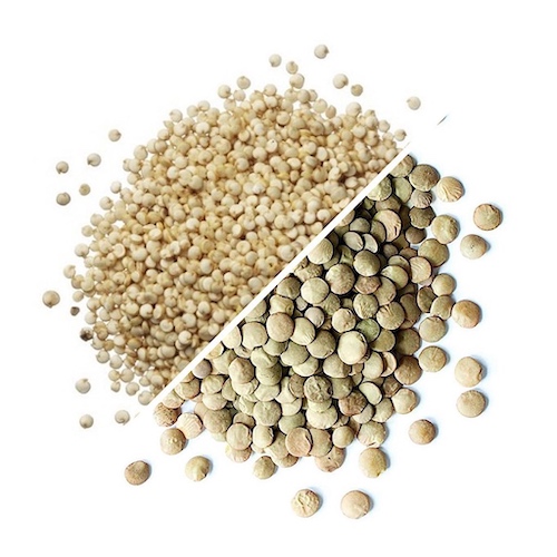 White Quinoa (upper-left) Green Lentils (lower-right)