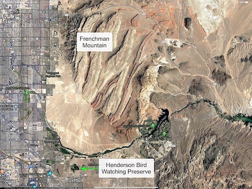 Frenchman Mountain Satellite View Showing Proximity to the Henderson Bird Watching Preserve. Google Maps