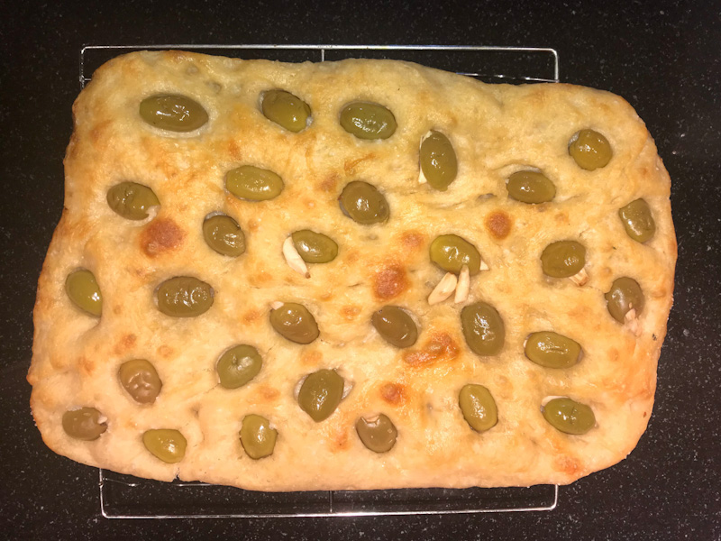 Focaccia with Garlic Stuffed Olives